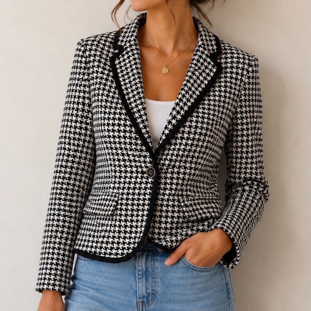 Merona Black White Houndstooth Blazer 2 Old Money Preppy Equestrian Quiet Luxury